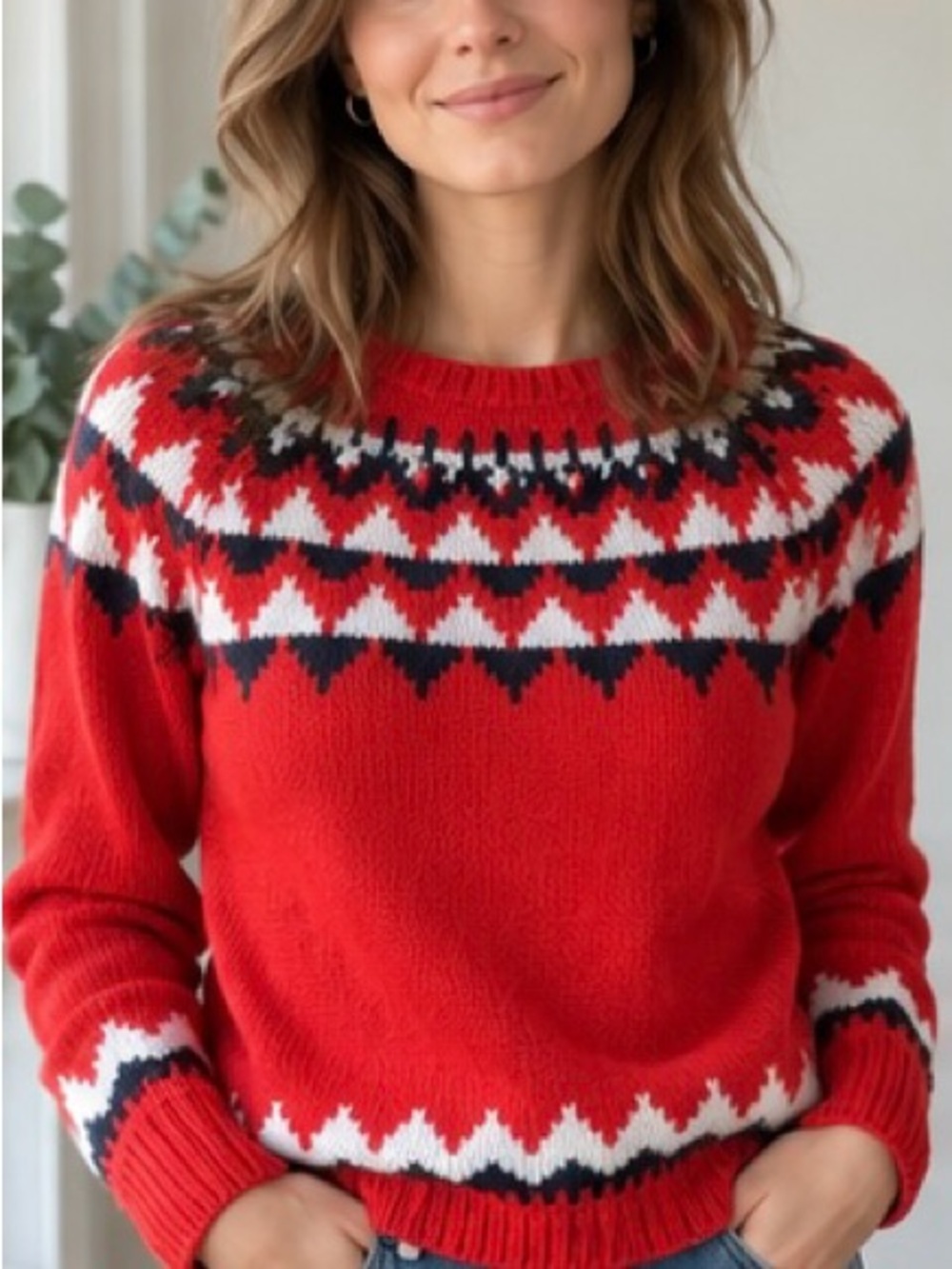 Le 31 Tricot Knitwear Red Fair Isle Pattern Knit Sweater M